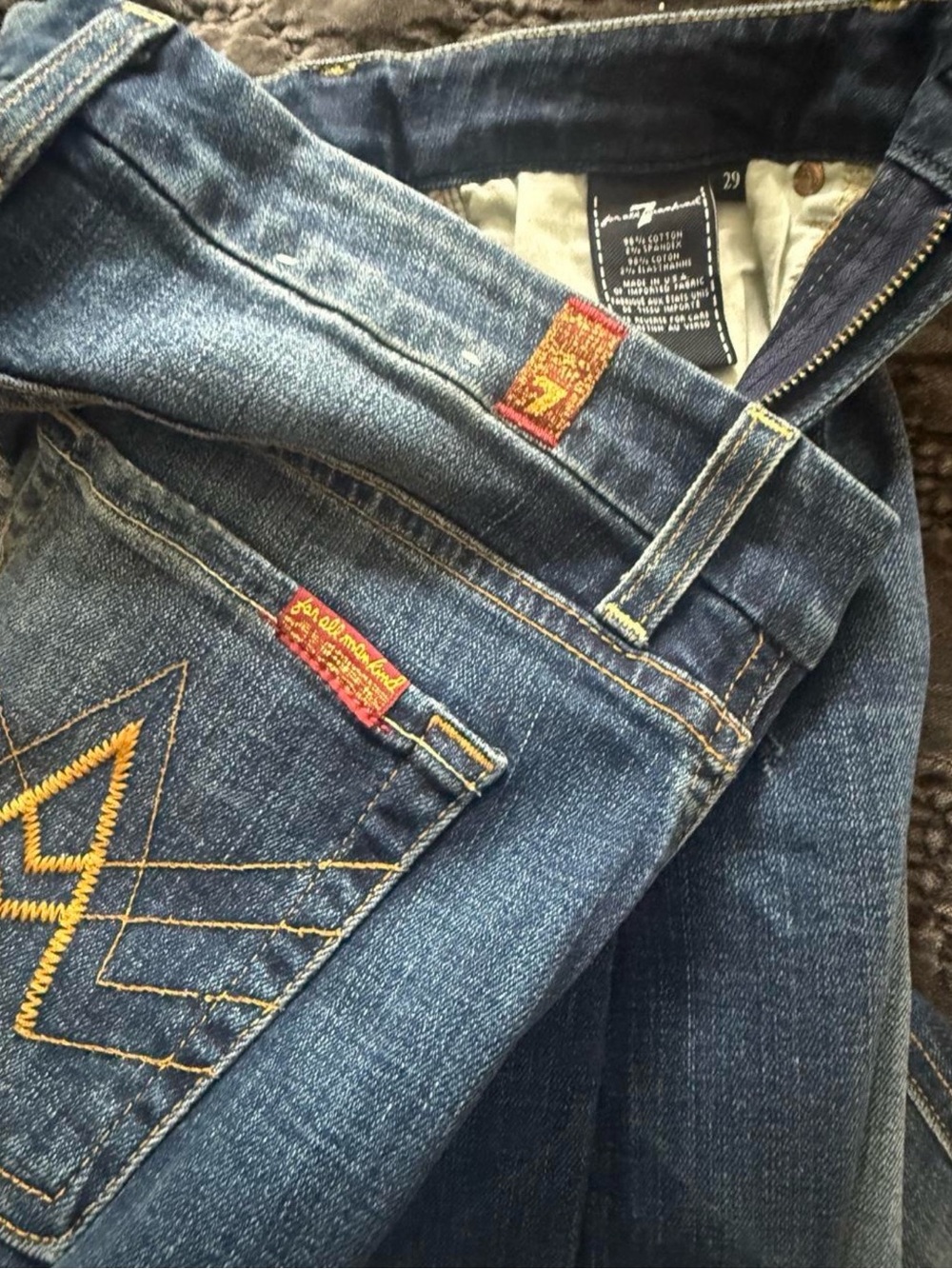 7 For All Mankind Dark Indigo  designer Jeans with Yellow Stitching size 29